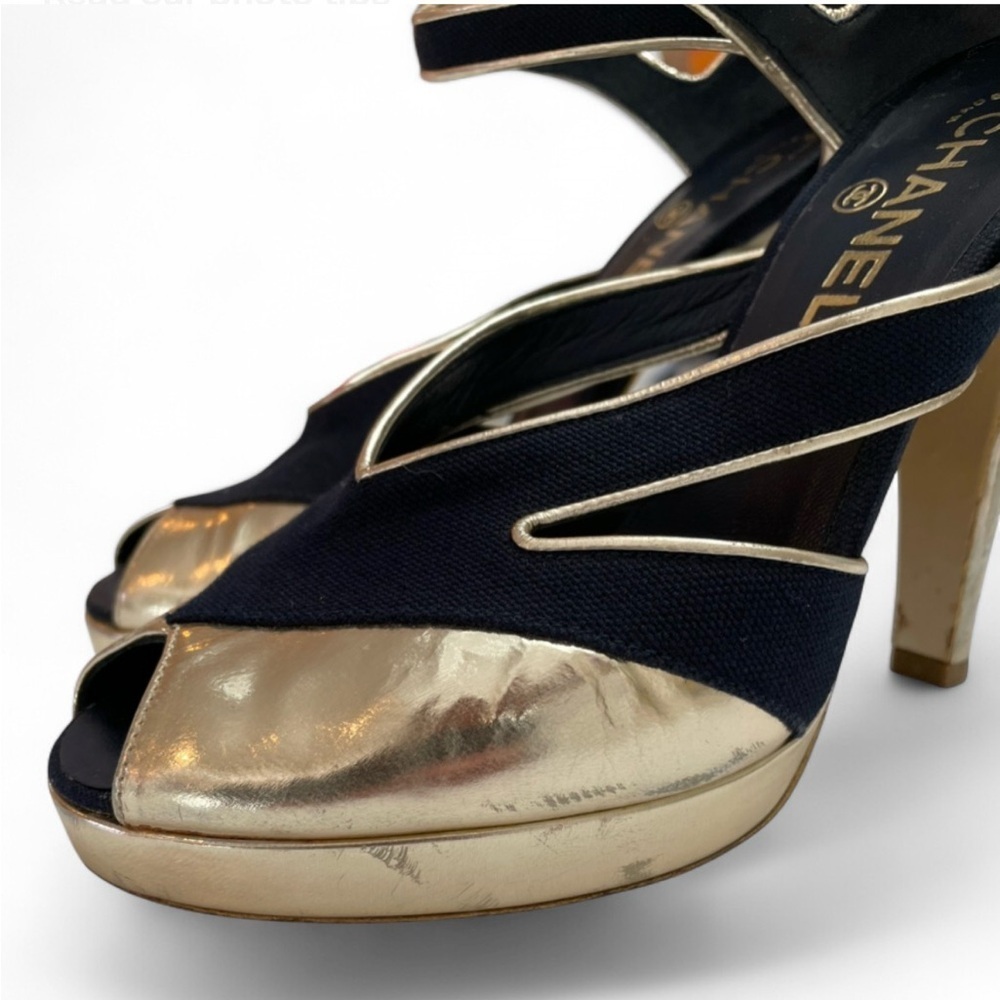 Chanel Gold Leather & Navy Peep-Toe Heels Size 7.5 - Picture 13 of 15